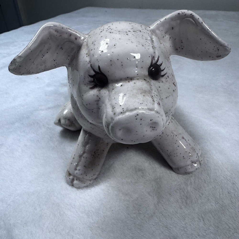 Speckled‎ White Ceramic Pig Figurine Cute Farmhouse Animal Decor Statue 10in